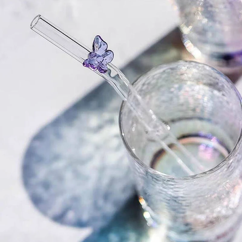 Eco-Friendly Glass Straws with Butterfly Design and Cleaning Brush