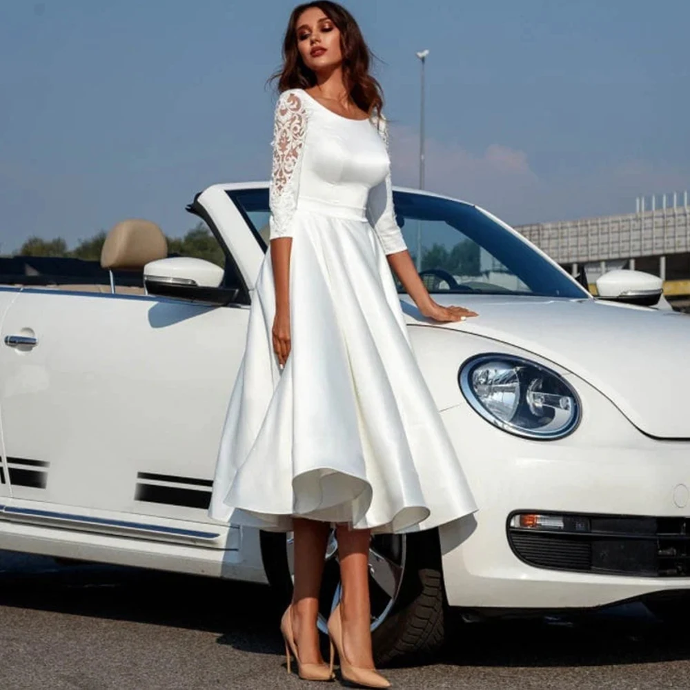 Minimalist White Short Wedding Dresses Elegant Tea Length Scoop Appliques 3/4 Sleeves Bridal Gowns Zipper Back Made wedding dresses