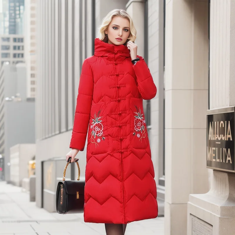 

Ethnic style cotton jacket 2021 winter new long embroidered button hooded jacket retro cotton jacket
