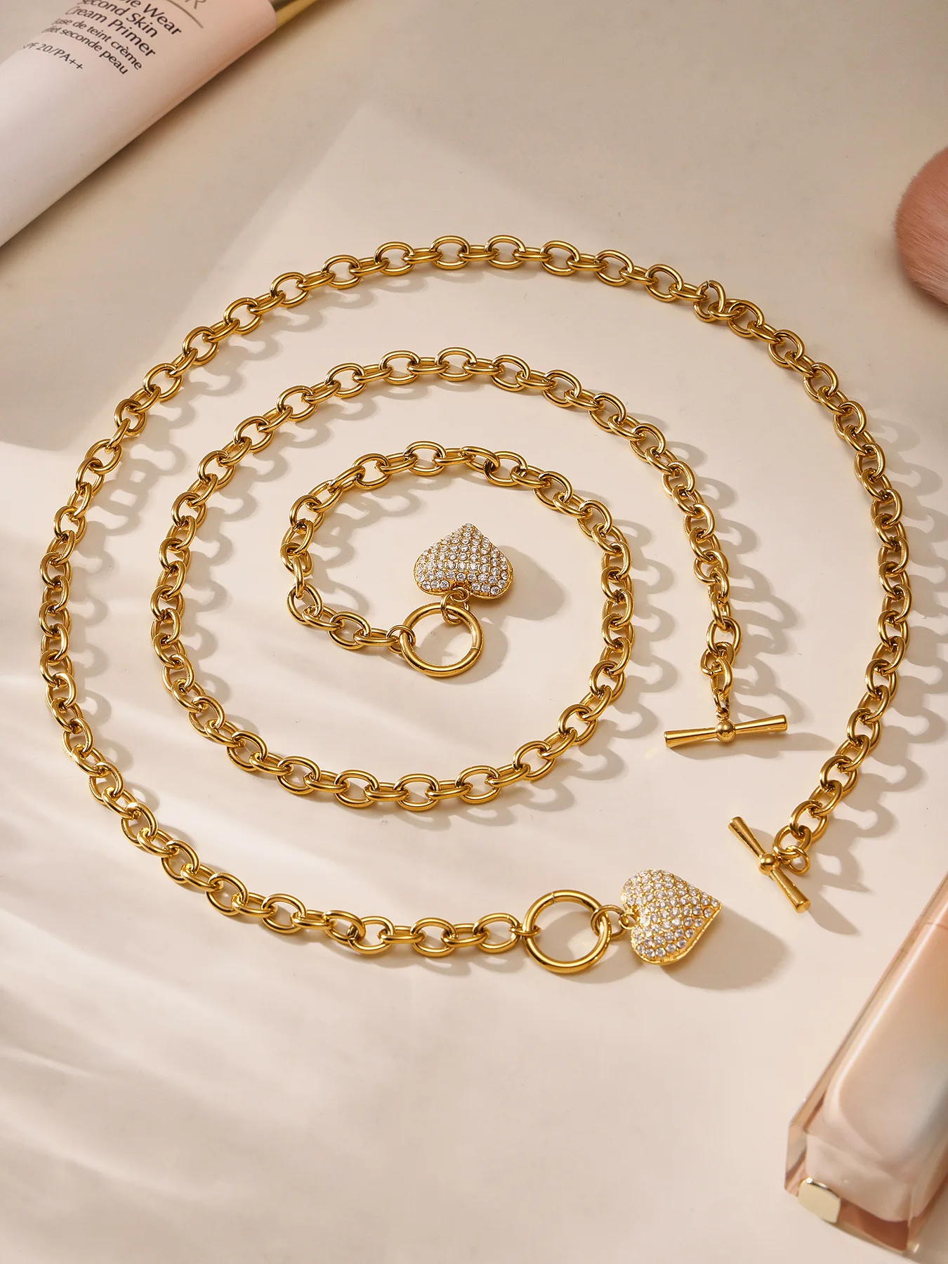 S16f925d59c4b4595a33c776f8cc47f39I 316 Stainless Steel Zircon Heart Pendant Necklace Women Luxury 18K Gold-Plated Chunky Chain Bracelet Waterproof Jewelry Set Mallzona