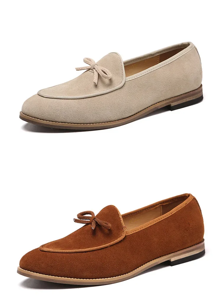Men's Casual Shoes Suede Genuine Leather Men Trendy Bowknot Party Wedding Loafers Moccasins Mens Driving Flats