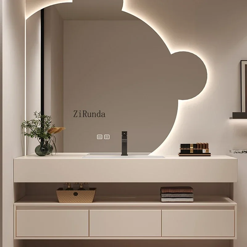 Nordic Cream Style Rock Plate Bathroom Cabinets Wall-mounted Storage Smart Mirror Cabinets with Lamp Furniture Arredo Bagno FYBC