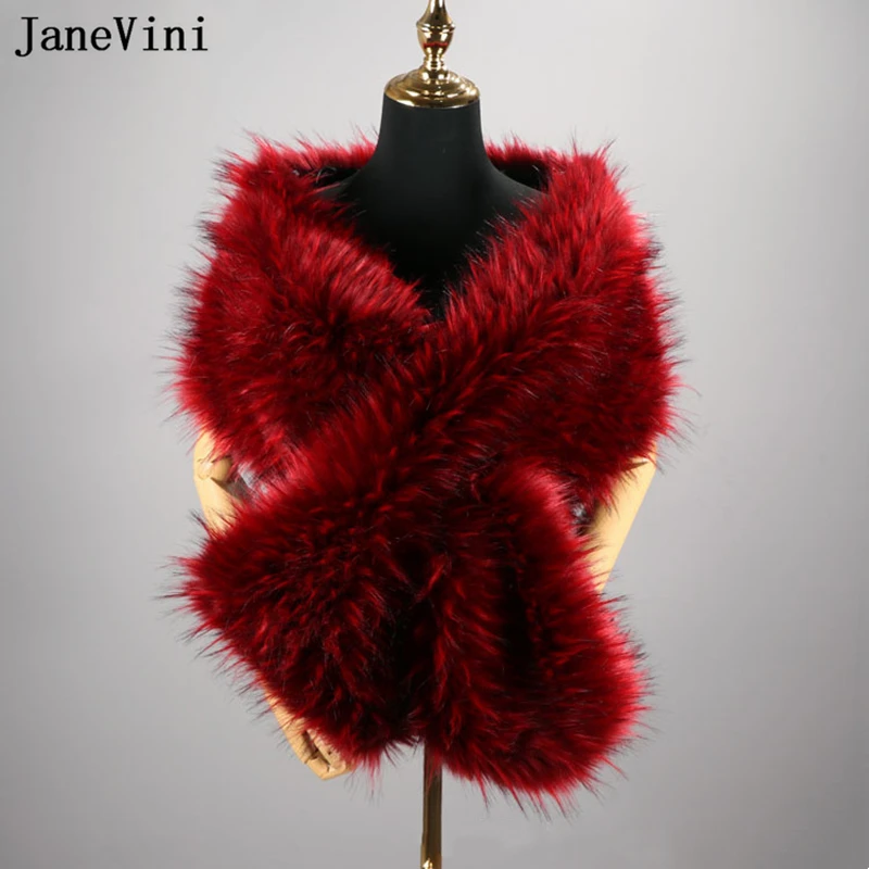 

JaneVini Winter Wedding Capes Faux Fur Shawl Wrap Bridal Shawls for Wedding Dress Burgundy Bride Woman Bolero Shrugs Białe Futro