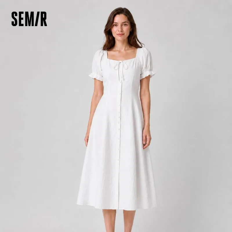 Semir Dress Women Embroidered Elegant 2025 New Summer Lace-trimmed Collar Puff Sleeve Little White Dress for Summer