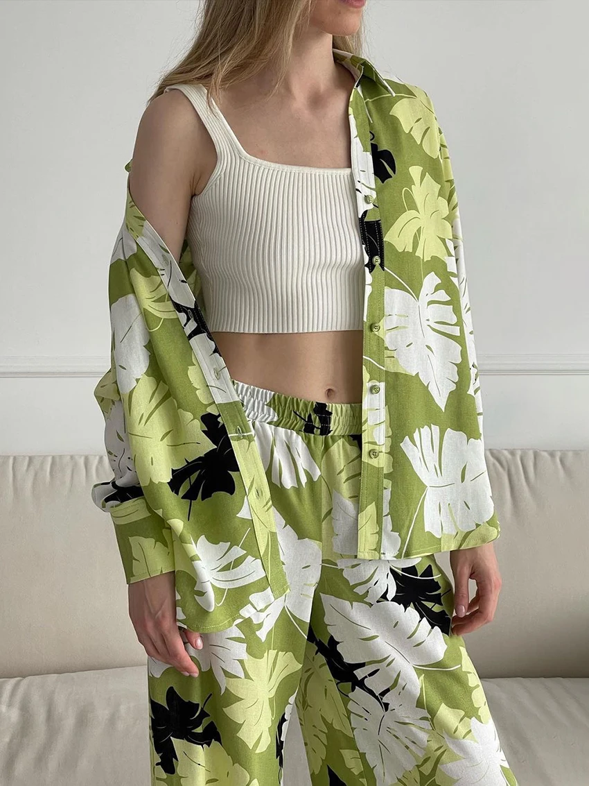 Marthaqiqi Causal Printing Ladies Nightgowns Set Long Sleeve Nightwear Turn-Down Collar Sleepwear Pants Loose Female Pajama Suit