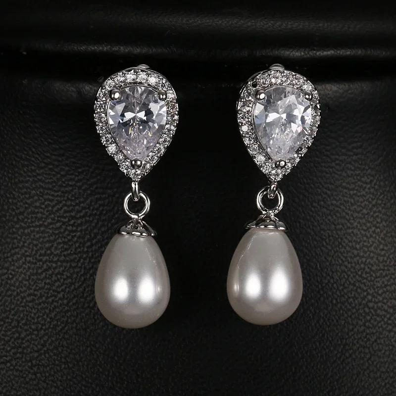 Imitation Pearl Drop Earrings with Cubic Zirconia para mulheres, elegante brincos de casamento, jóias nupciais, Índia, todos os tipos, fashion