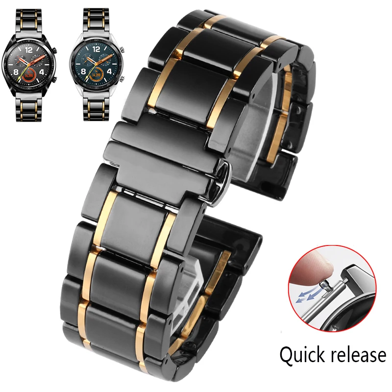 

20mm 22mm luxury ceramic and stainless steel black gold strap for Samsung s2 3 4 Huawei GT watch strap bracelet wristband belt