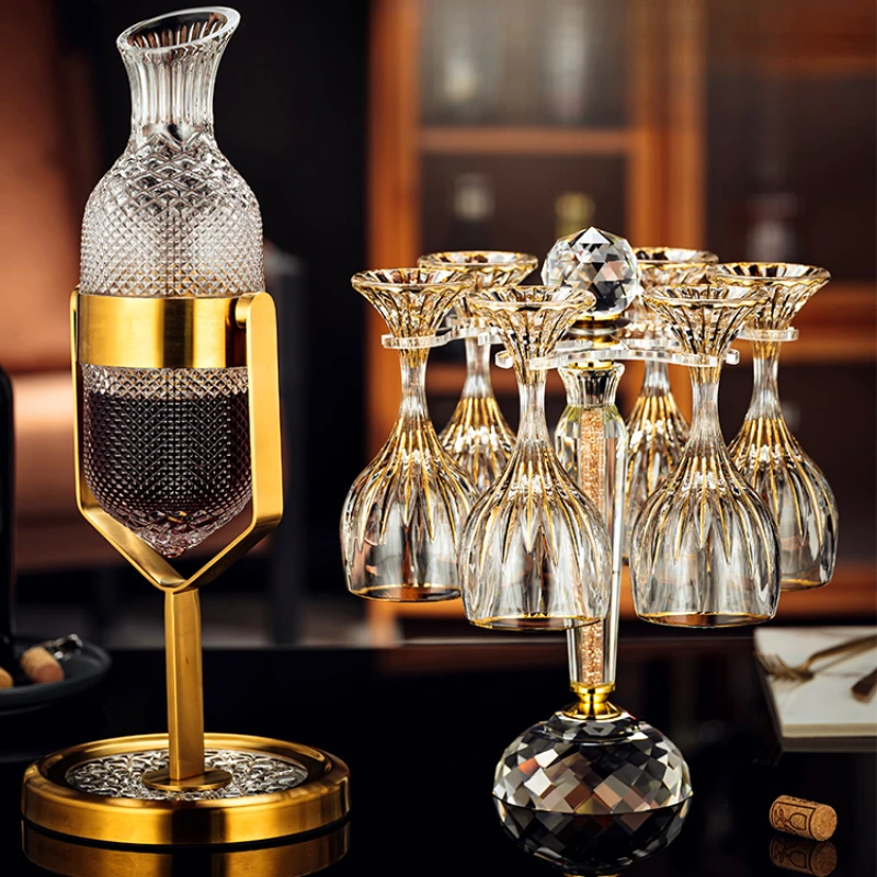 Luxury Premium Gold Swing Decanter Home Crystal Glass Wine Glass Holder Set Rotating Goblet