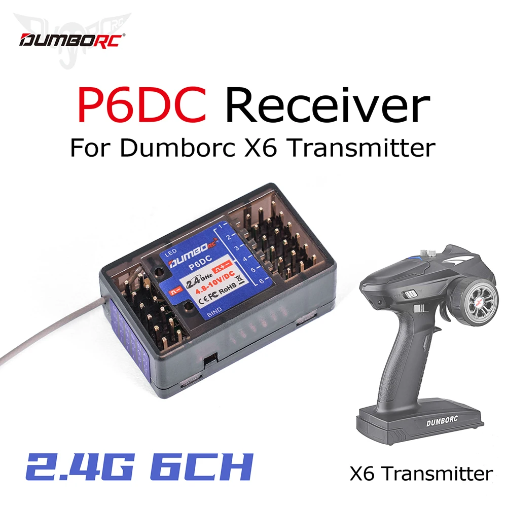 Détail du récepteur RC 6 canaux Flysky X6F/X6FG/X6DC/X6DCG, gyroscope intégré, étiquettes et antenne secondaire.