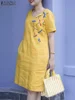 ZANZEA Women Fashion Cotton Dress Oversize Holiday Knee Length Vestido 2025 Summer Dresses Vintage Embroidered V-neck Solid Robe