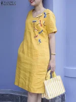 ZANZEA Women Fashion Cotton Dress Oversize Holiday Knee Length Vestido 2025 Summer Dresses Vintage Embroidered V-neck Solid Robe