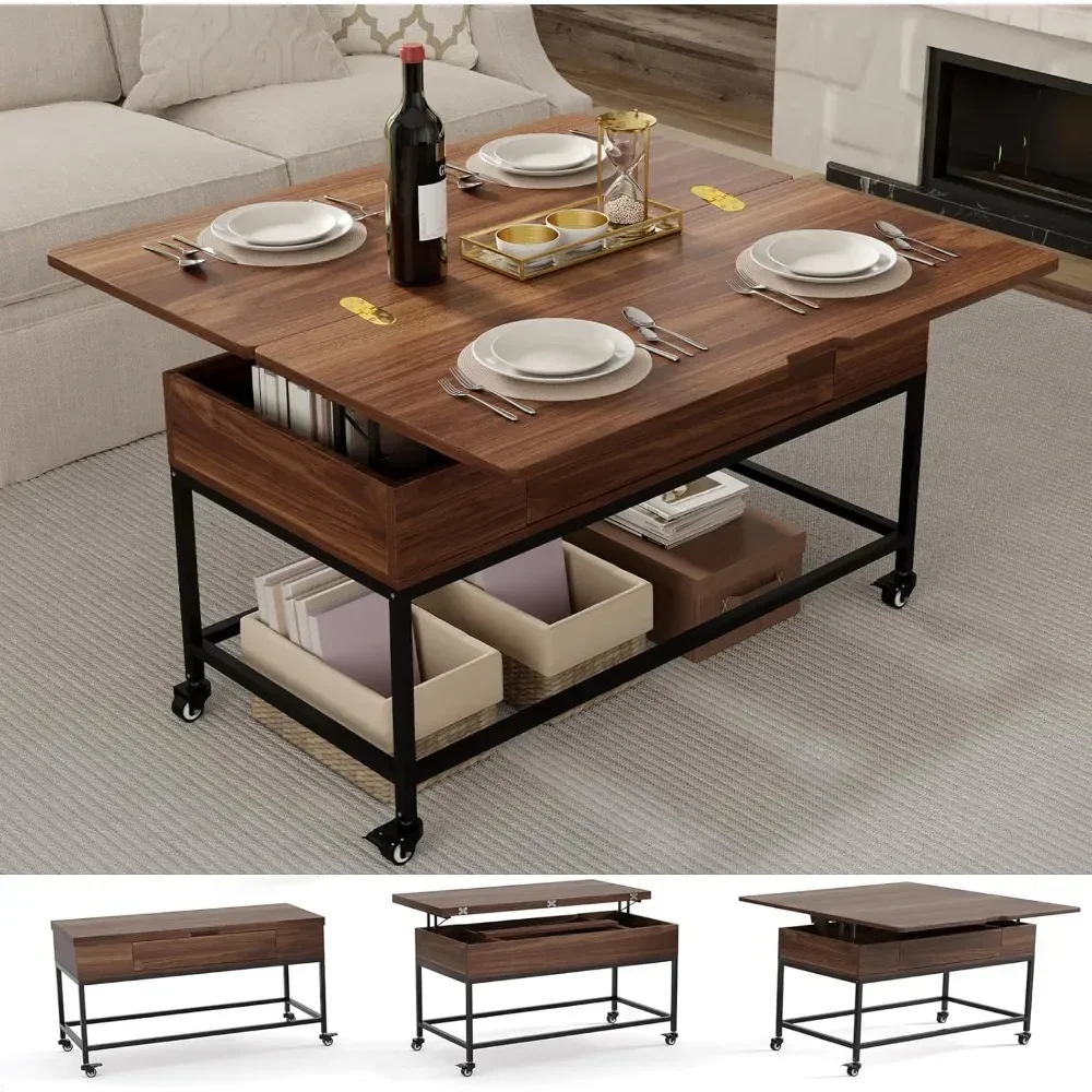 Lift Top Coffee Table, 3in1 Folding Rolling Coffee Table with Storage Drawer Push Opening, Metal Frame Wood Table