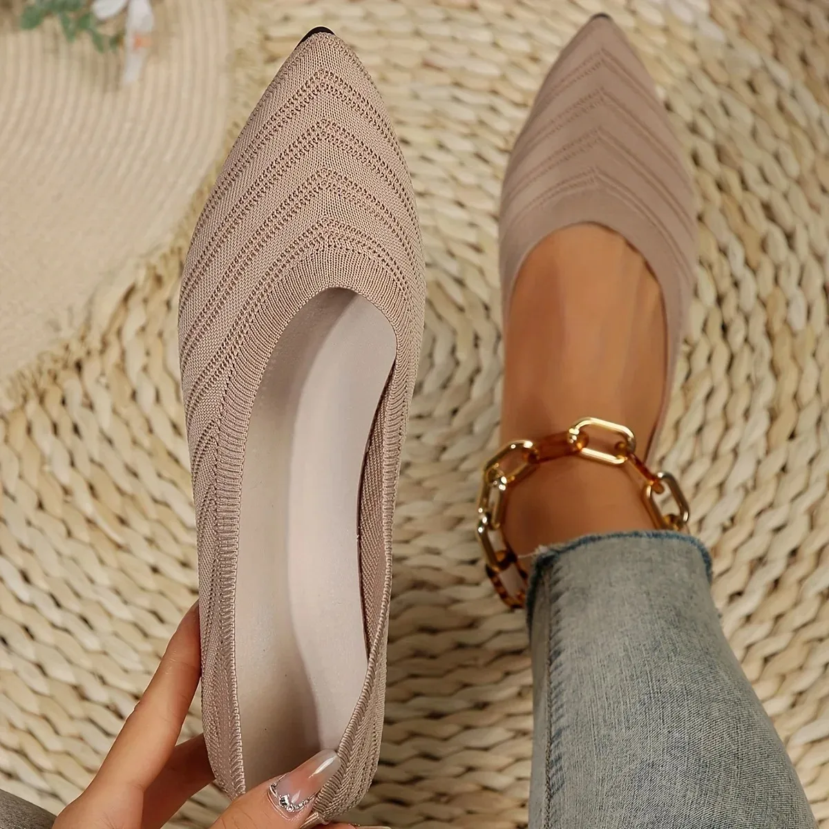 Women's Pointed Toe Flat Shoes Solid Color Knitted Shoes Casual Breathable Ballet Flats Women Loafers Sneakers Zapatos De Mujer