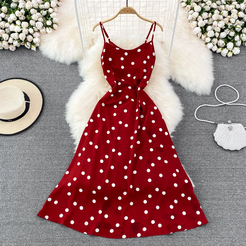 

2022 Summer New French Retro Slim Fit Polka Dot Suspender Dress Feminine Sleeveless High Waist A-line Dress