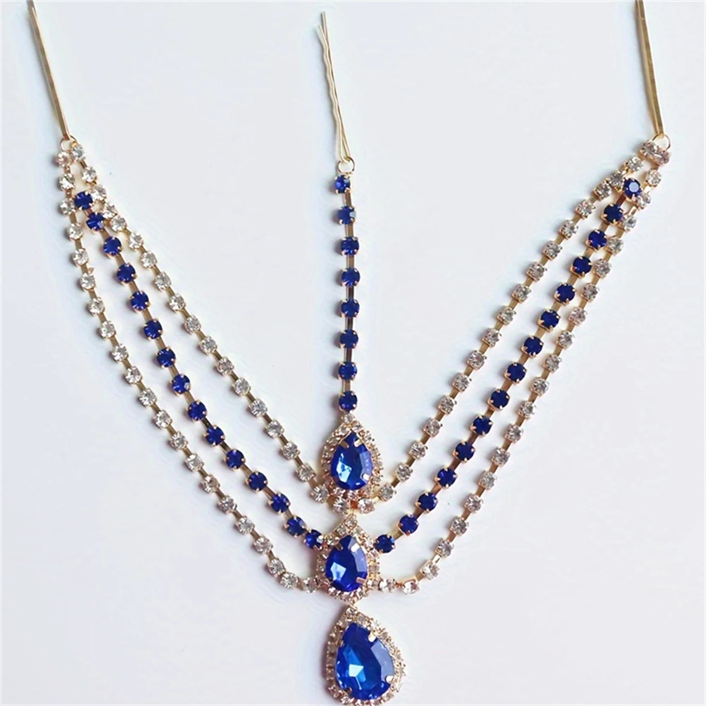 Blue Gemstone Water Drop Pendant Hair Chain jewelry set hair accessory