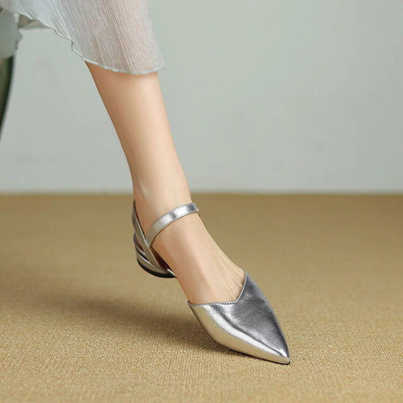 

Phoentin Ankle Strap Ladies Shoes 2024 Summer Low Heels Slingbacks Pointed Toe Concise Silver Pumps Plus Size 34~43 FT3350