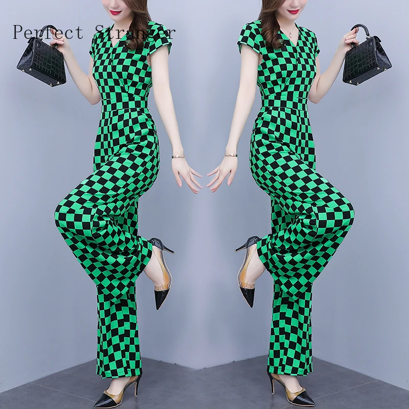 Summer Ladies' Wide Leg One-piece Pants Temperament Commuter Lantern Short Sleeve V-neck Houndstooth Jumpsuit