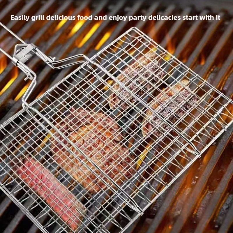Grill Basket Folding Portable Stainless Steel BBQ Grill Basket With Handle for Fish Vegetables Shrimp Cooking Accessories