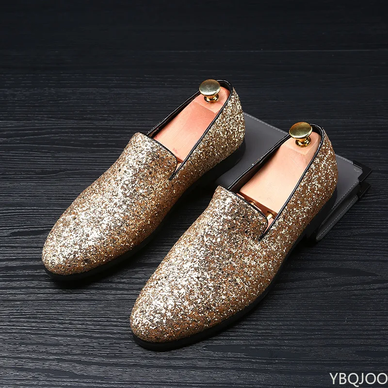 Glitter Gold Prom Shoes Mens Black Gold Casual Men Shoes Slipon - Main Image