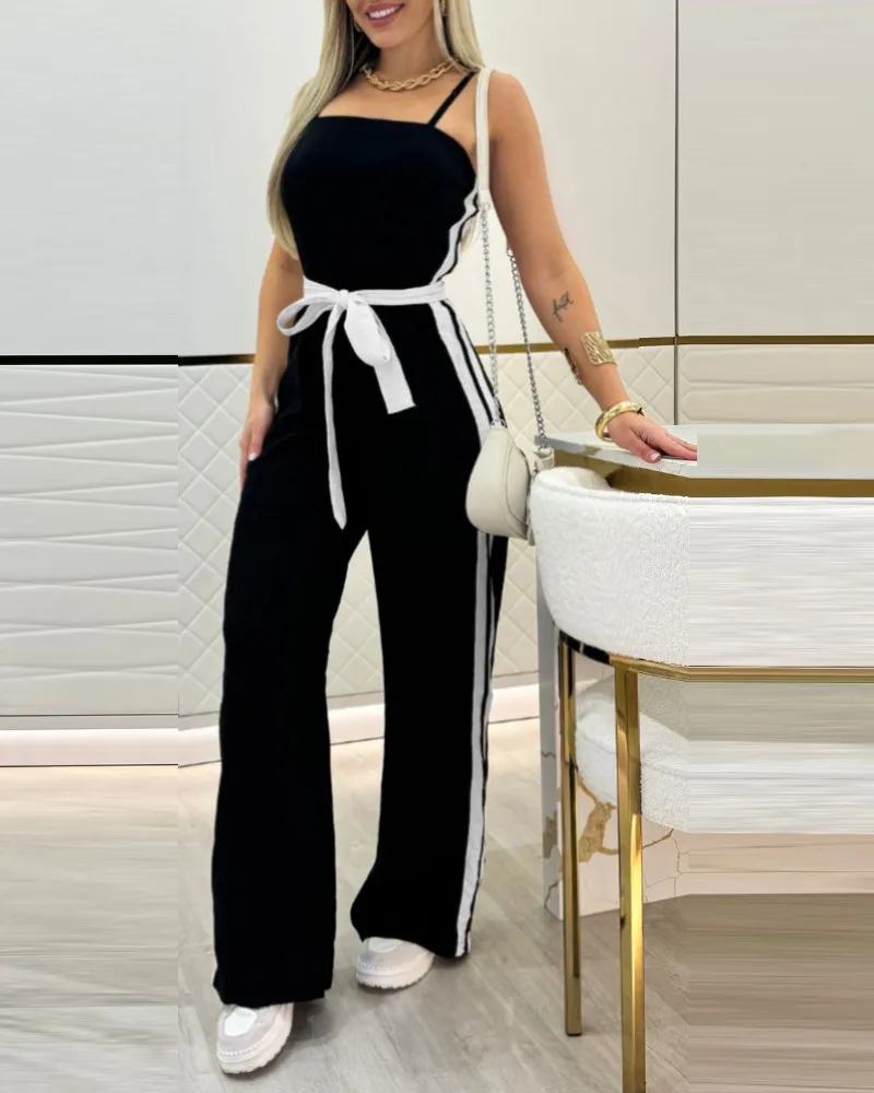 Schicker, gestreifter, ärmelloser Overall für Frühling und Sommer mit gebundenem Detail und Spaghettiträgern, lässiger Bandeau-Strampler mit weitem Bein für Damen – Detail 7