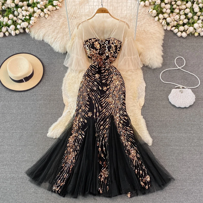 

2022 Spring New Evening Dress Banquet Elegant Long Sexy Dinner Host Sequin Embroidered Fishtail Buttock Dress Women