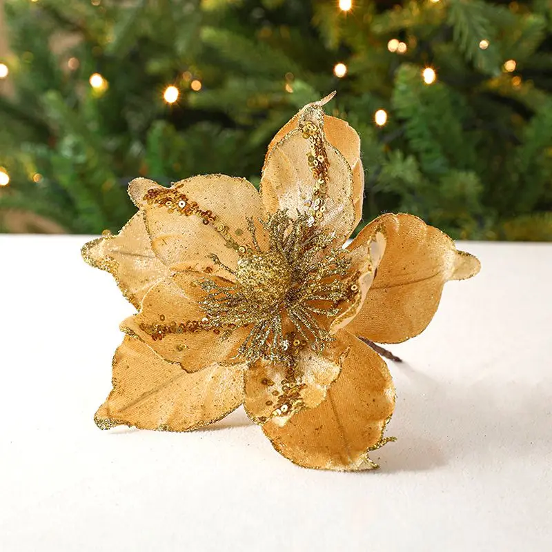 Artificial Christmas Flowers Glitter Christmas Tree Decorations Home Fake Flowers Ornaments New Year Decorations