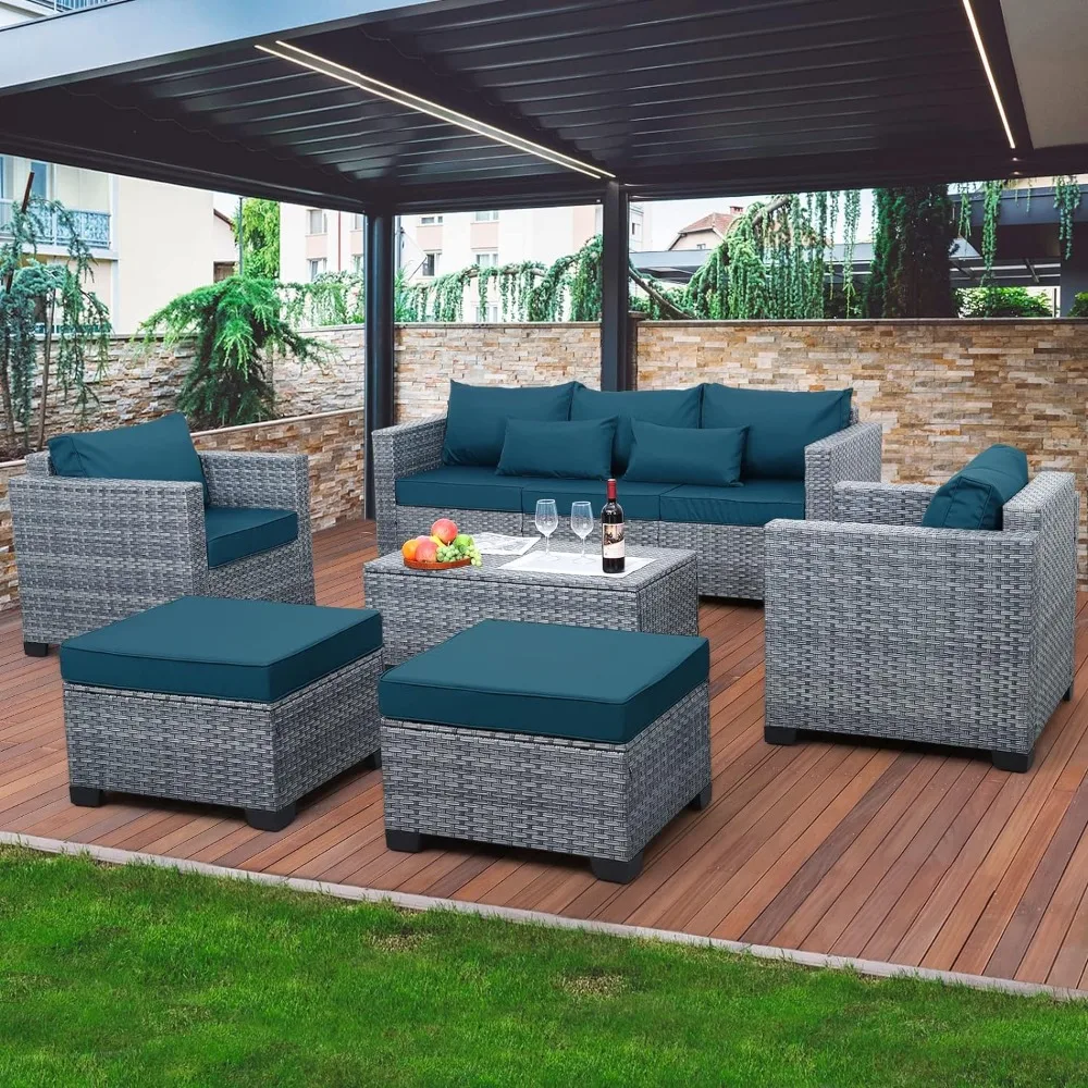 6 Pieces Patio Furniture Set with Storage Table and Cushions, PE Rattan Patio Furniture Set