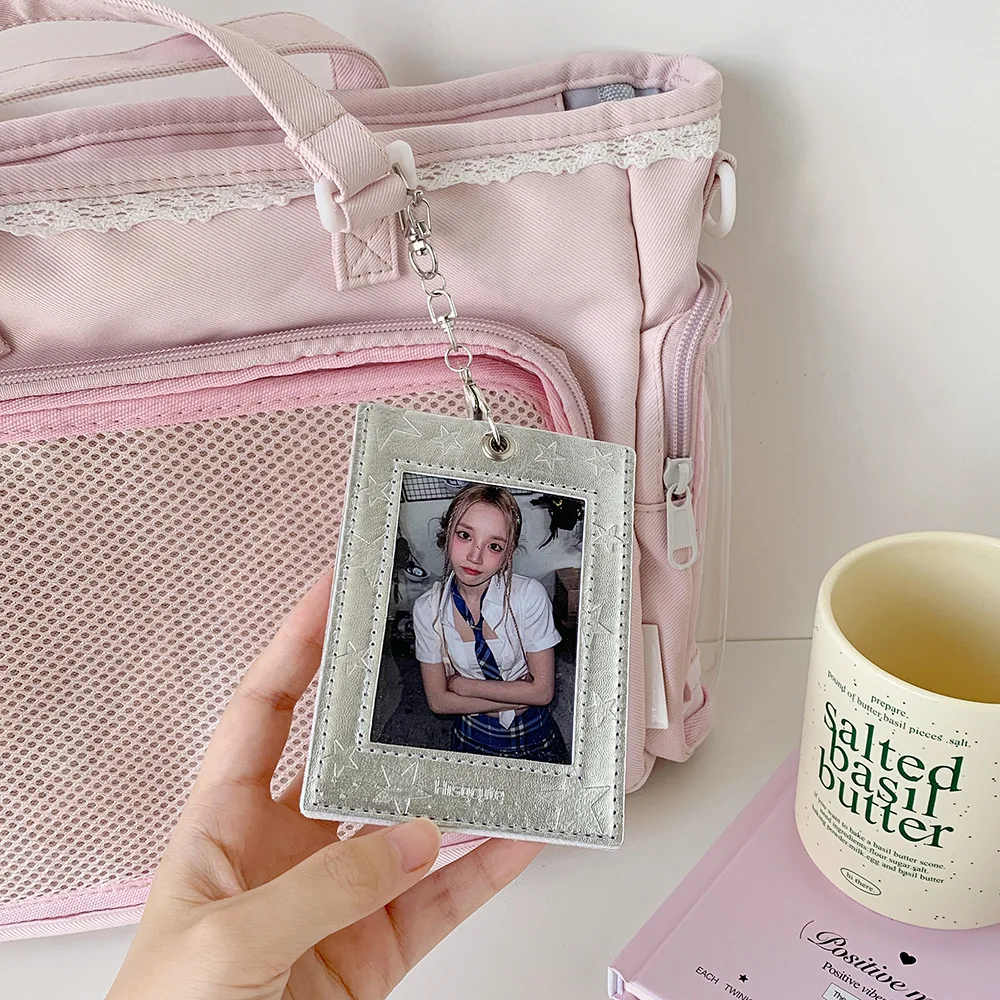 PU Leather Silver Color Bowknot Star Photo Card Holder Pockets For Mini Photo Sticker Name Card 3 Inch Photos With Key Chain