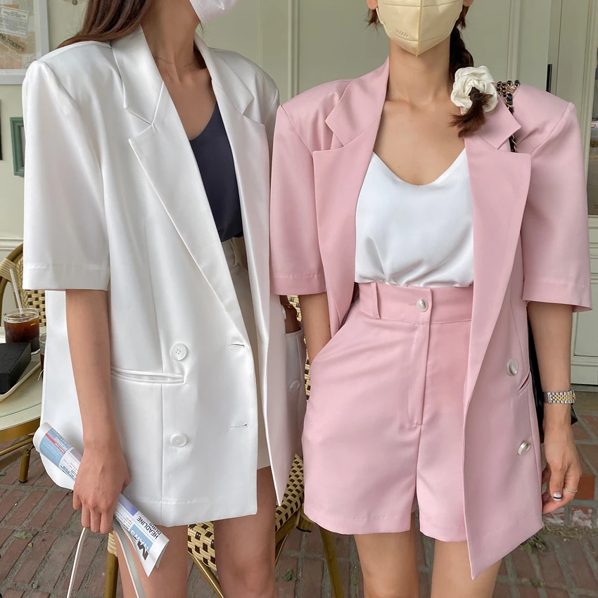 

Korean Fashion Girls Blazer with Shorts Two Pieces Set Spring Summer Design Split at Back Short Sleeves Jacket Women Set