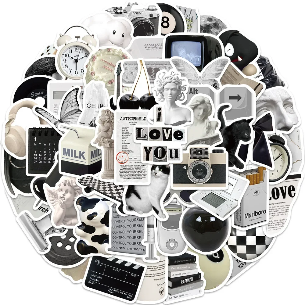 Decorative Stickers 10/30/60Pcs Retro Black Waterproof Graffiti Sticker Aesthetic Decorative Luggage Laptop Phone Fridge Scrapbook Kids Stickers