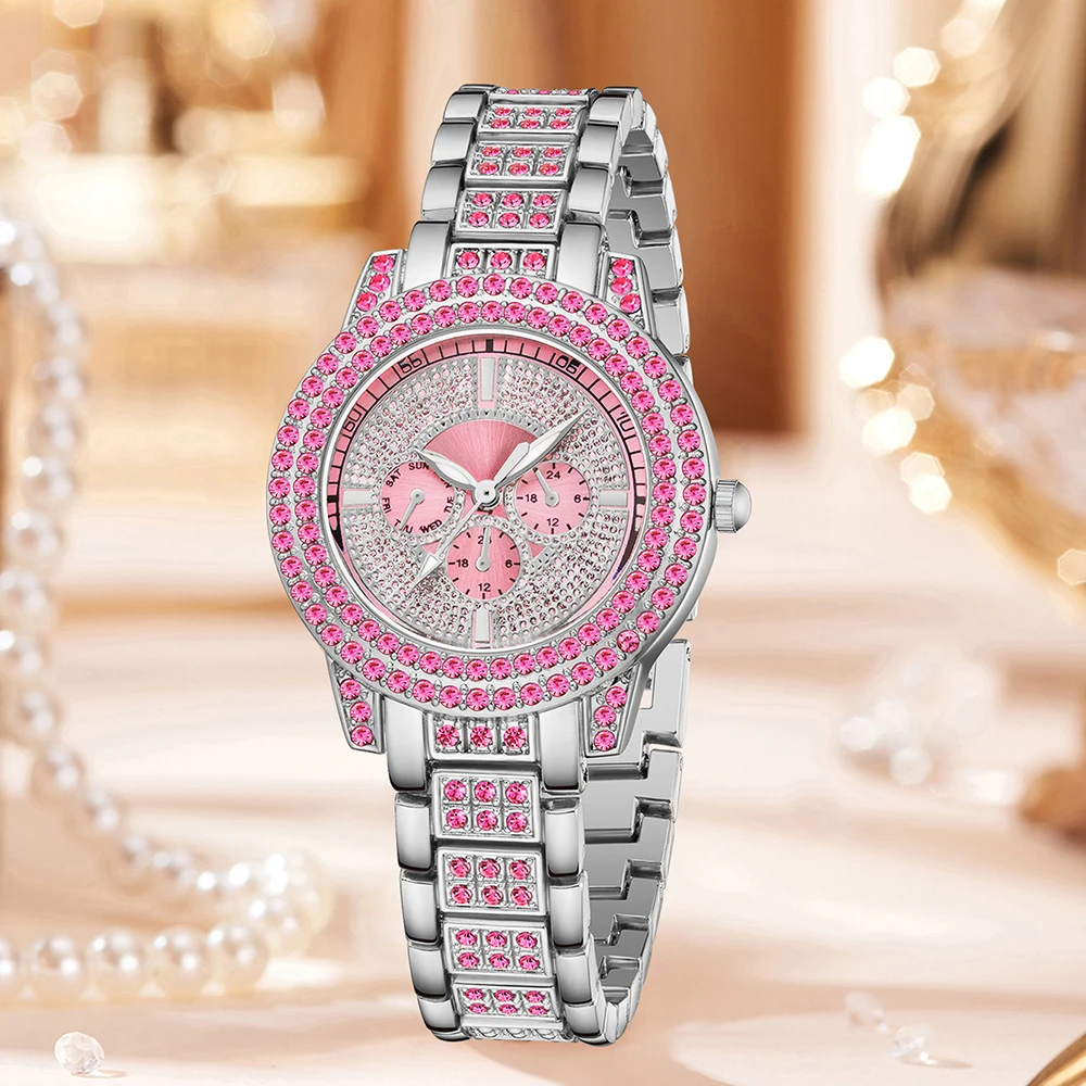 Charm 3-piece Women's Quartz Watch Set With Rhinestone Details - Including Circular Dial, Charming Cross Pendant Necklace And Br 2