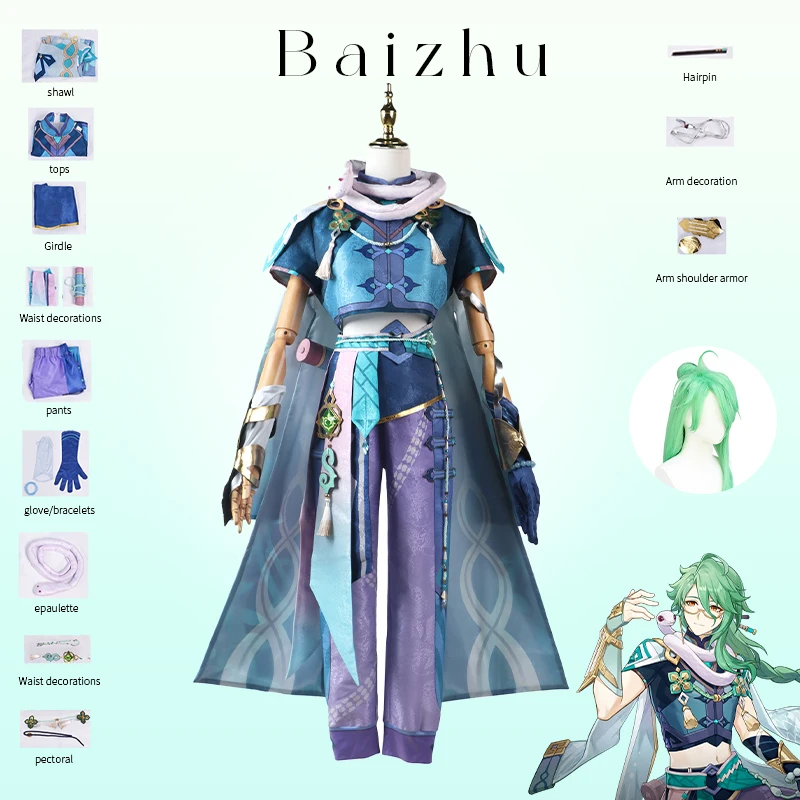 

Anime Game Genshin Impact Baizhu Cosplay Costume Full Set Bai Zhu Wig Role Play Cosplay Genshin Impact Halloween Baizhu Cosplay