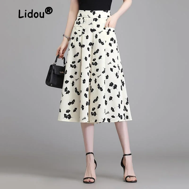 Women's 2023 Summer Ice Silk High Waist Loose Wide Leg Chiffon Thin Fashion Fragmented Flower Skirt  with Sagging Skirt 2023 new ice silk checkerboard wide leg pants women s high waist drop summer thin large slim casual checker pants