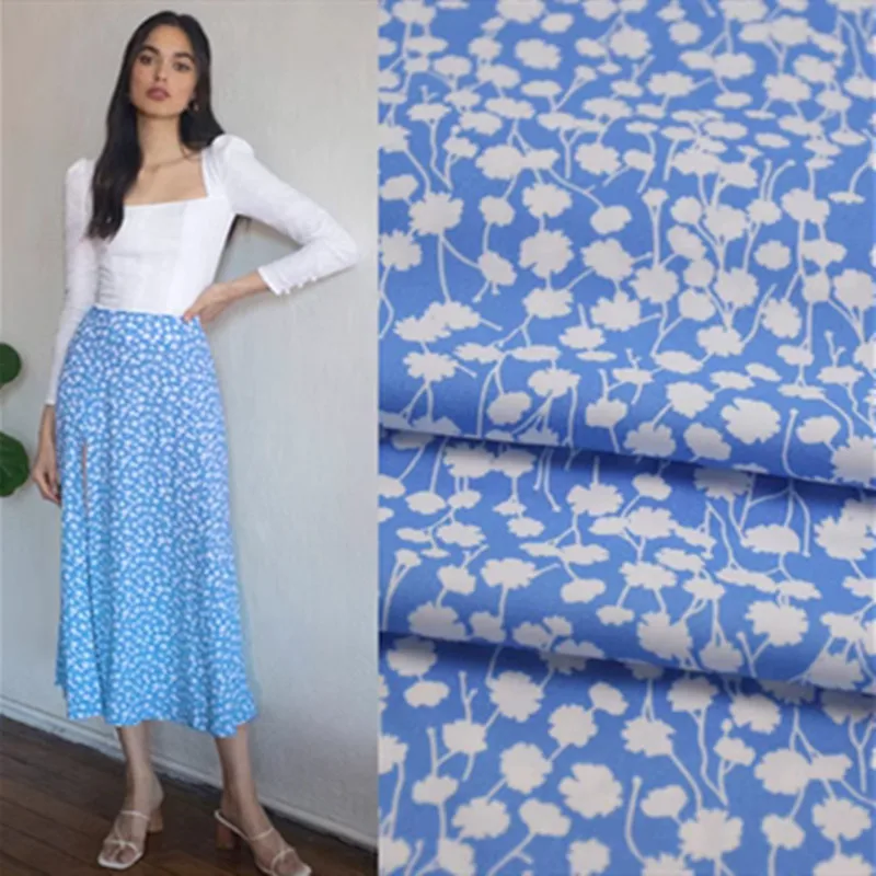 Fresh Blue Bottom With White Flower Print Chiffon Fabric For Summer Dress Shirt Girl's Garment