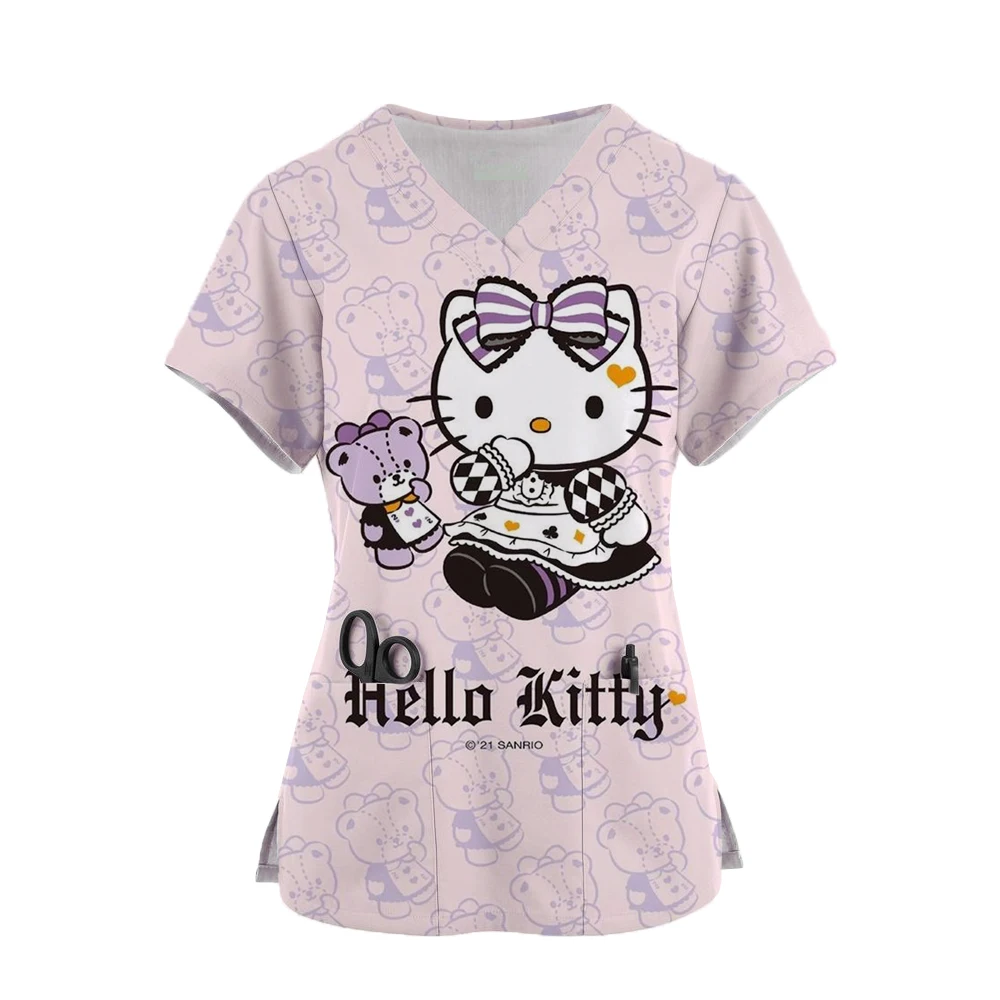 

Summer Cartoon T-shirts Pocket Tops Uniform Hello Kitty V Neck Woman Clothes Shirt Hospital T-shirt Top Women 2024 Tees Women's