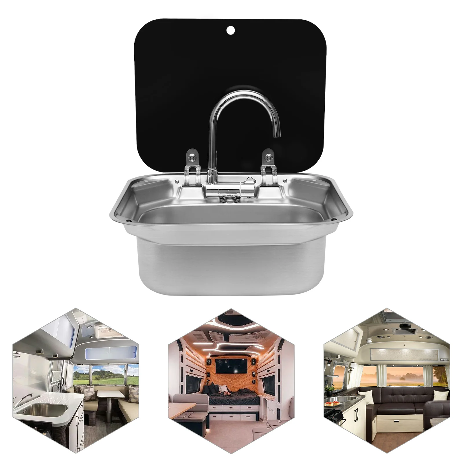 RV Caravan or Boat Stainless Steel Hand Wash Basin Sink with Folded Faucet  van Camper Trailer Accessories Sink with Tap 3