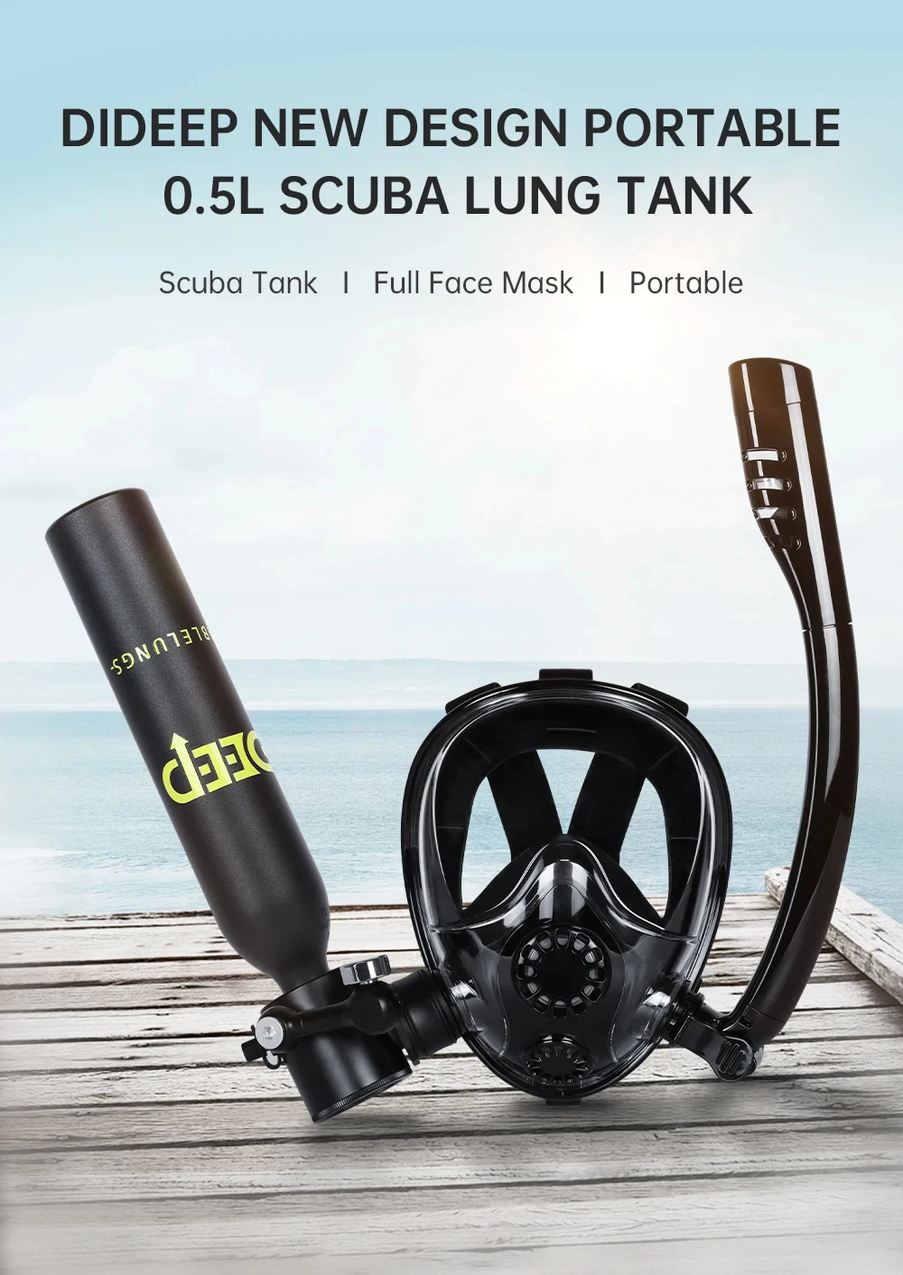 DIDEEP 0,5-Liter Mini-Tauchflaschen-Set, bis zu 5-10 Minuten Unterwasser-Tauchzeit, tragbare Tauchausrüstung mit HD-Vollgesichtsmaske – Detail 1