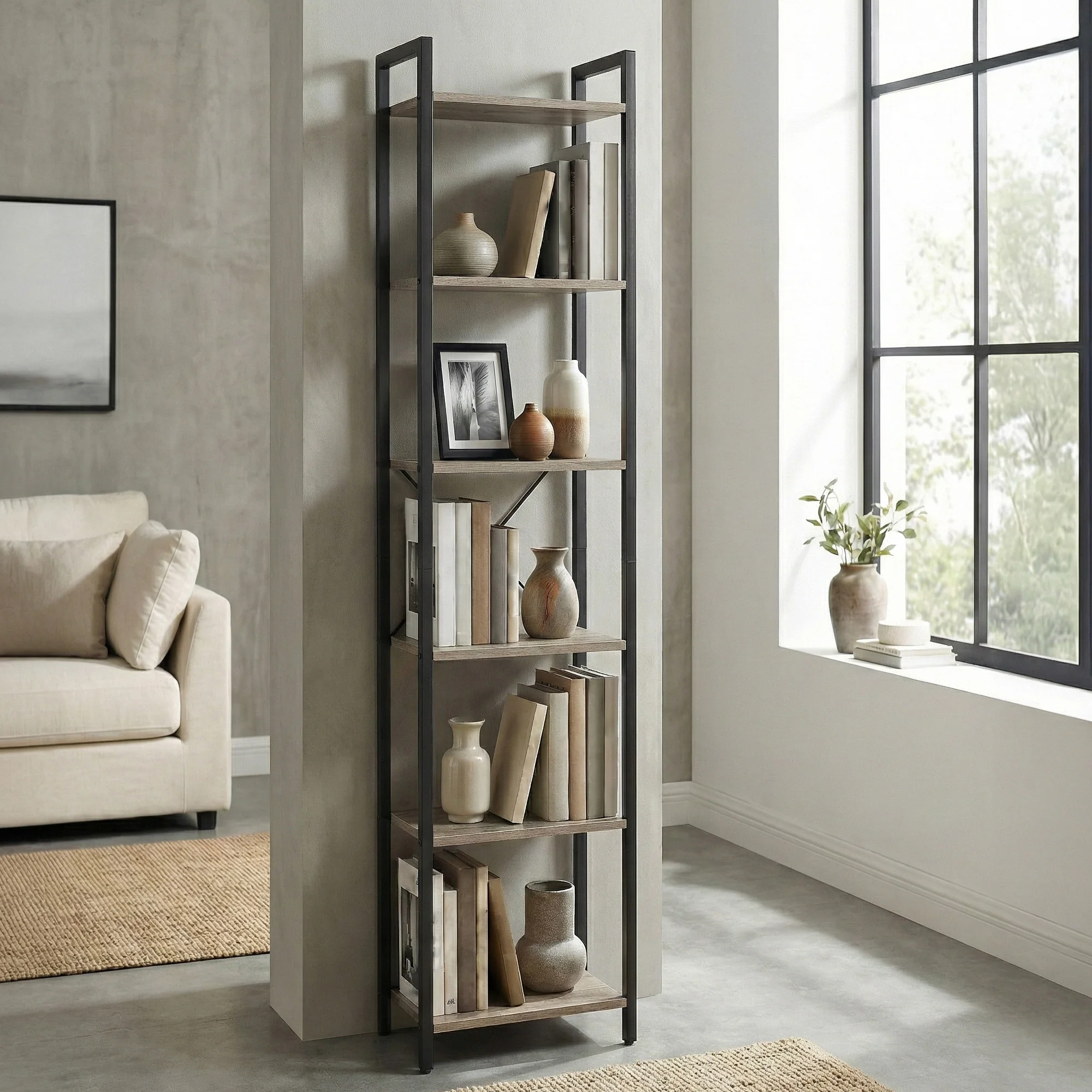 Slim 6-Shelf Bookcase, Metal Framed Tall Bookshelf, Compact Book Storage for Living Room And Study, Standing Shelf, Standing