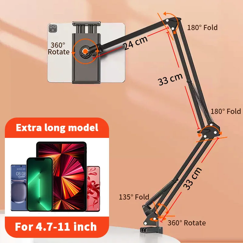 Tablet Stand Universal Clip Lazy Bracket Flexible Articulating Aluminum Arm Phone Mount for All 4-11 Inch Device