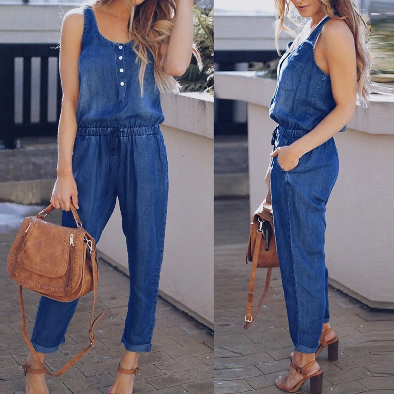 WomenCasualSleevelessTankJumpsuitDeminJeansBeachStrappyButton