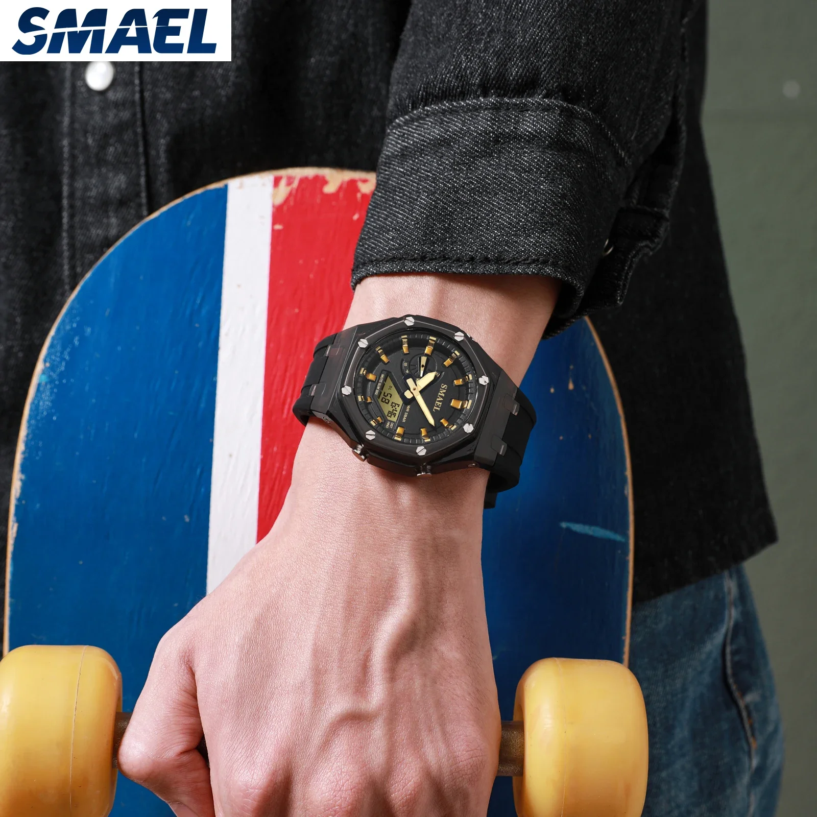 SMAEL 5Alarm Clock 2 Time Digital Watches 8088 Waterproof Men Watch Countdown Stopwatch Led Light Electronic Movement Wristwatch 6