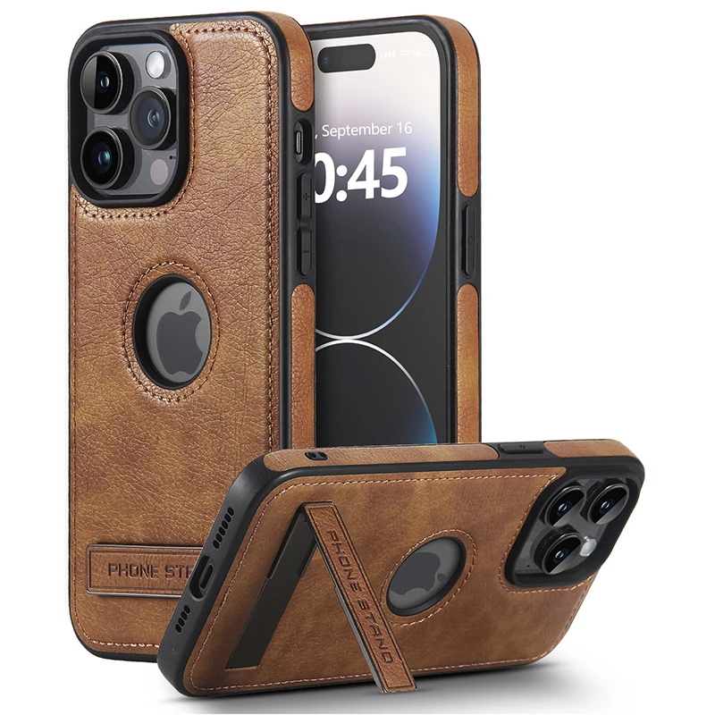thumbnail image 1 of Luxury PU Leather Fold Bracket Holder Phone Case For iPhone 14 13 12 Pro Max 15 14 Pro Max Business Shockproof Silicone Cover, 1 of 5