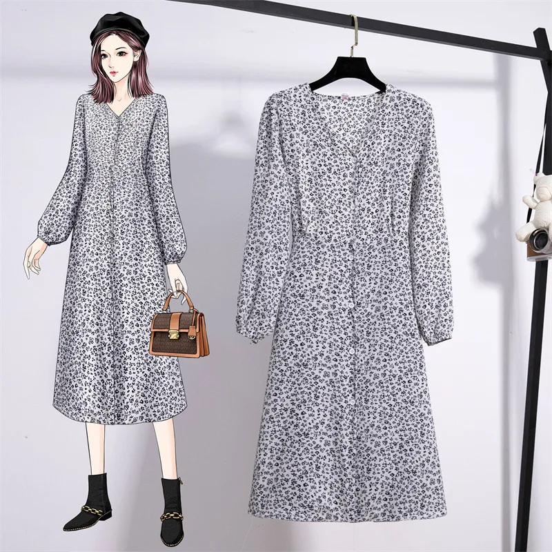 

Spring Summer Fashion Female Vintage Print Long Sleeve A-line Lace Up V-neck Casual Dress Women Chiffon Dresses Vestidos