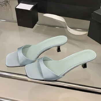 Eilyken Fashion Open Toe Silk Slippers Women Thin Low Heel Dress Ladies Slides Shoes Summer Slip On Zapatillas De Mujer