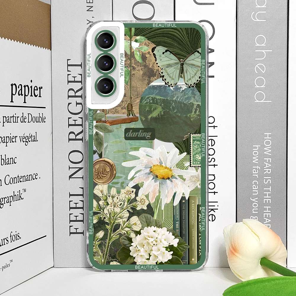 Cool Green Retro Flower Stickers Soft TPU Clear Phone Case Cover