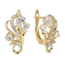  Huitan Gold Color Flower U Hoop Earrings for Women Aesthetic Luxury Wedding Earrings Sparkling Cubic Zirconia New Trendy Jewelry 