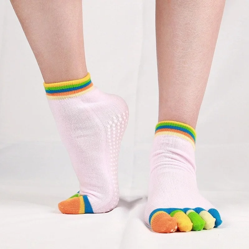1 Pairs Rainbow Color Split Toe Yoga Socks Pilates Dance Breathable Sweat-absorbent Non-Slip Five Finger Sport Socks