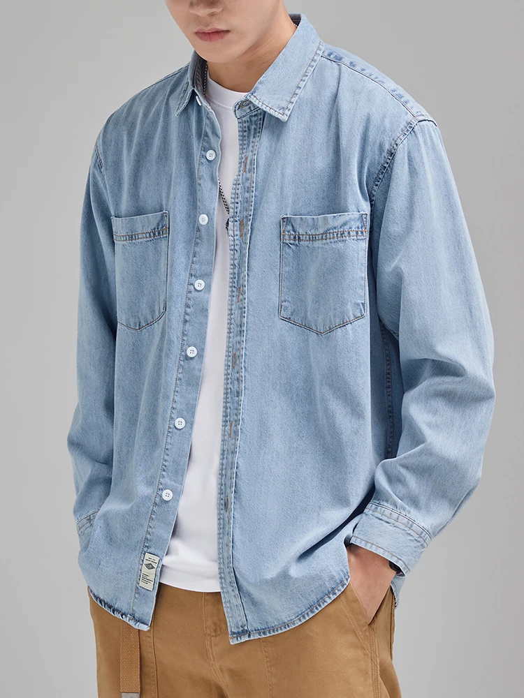 2023 Autumn New Denim Shirt Men Classic Casual Chest Pockets Soft Cotton Long Sleeve Cowboy Loose Blue Jeans Shirts