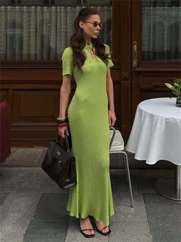 Tossy Knit Hollow Out Lace-Up Dress Female Ribbed Short Sleeve Patchwork High Waist Elegant Long Dress Women's Knitwear Dress 1