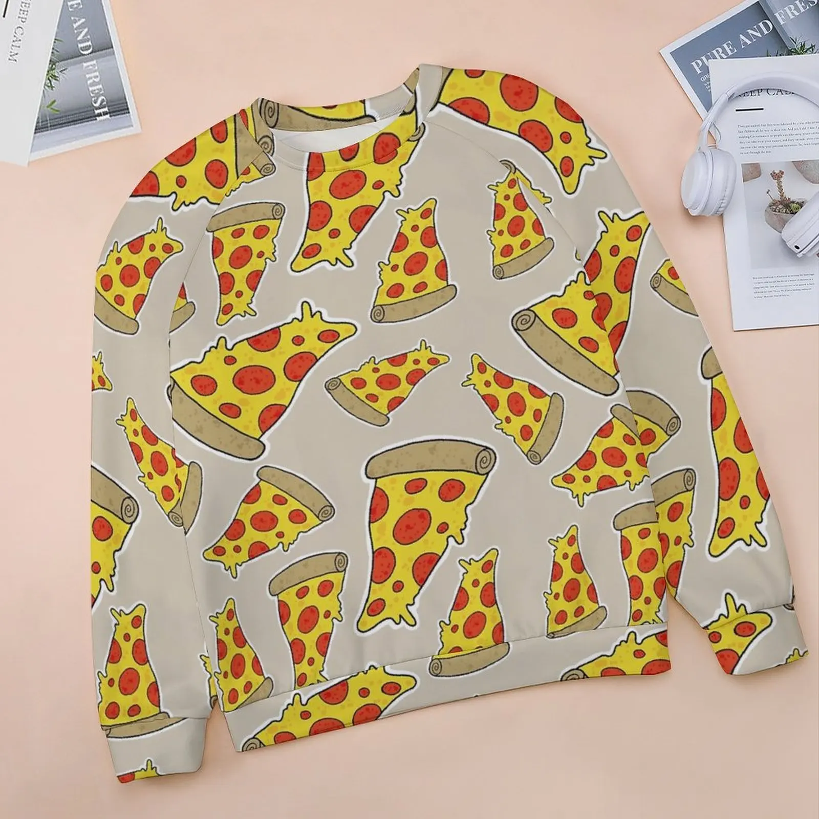 

Female Raglan Round Neck Sweater Cartoon Pizza Pattern GirlT-shirts for Women